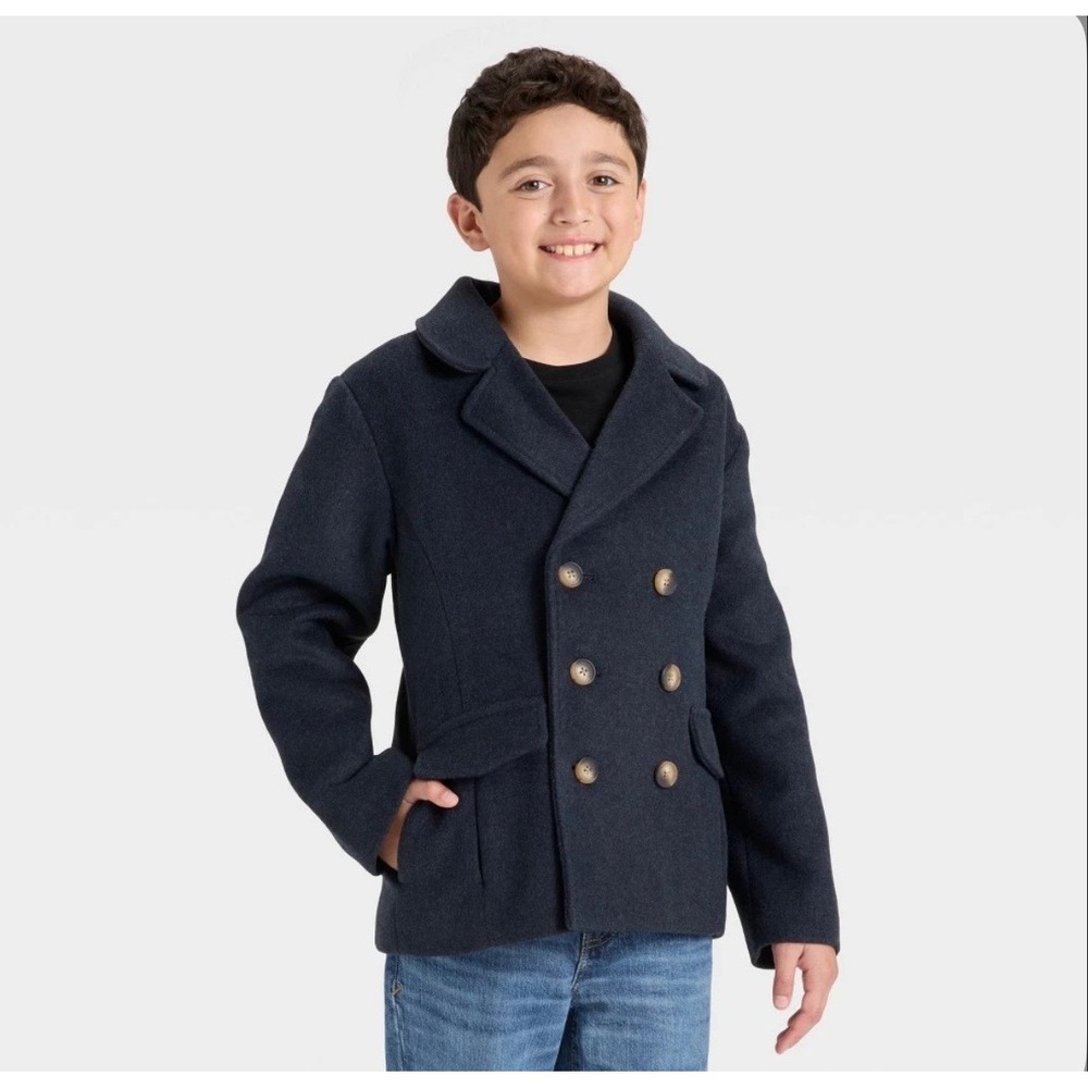 Cat & Jack Boys Navy Blue Double Breasted Pea Coat Jacket Size S 6/7 New
